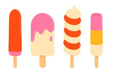 Ice cream on stick set. Frozen juice on wooden stick, fruity popsicle. Flat vector isolated illustration	