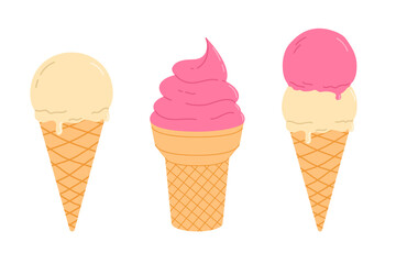 Ice cream cone set. Vanilla and strawberry. Flat vector isolated illustration
