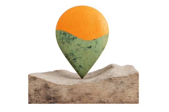 3D render of abstract location pin on a desert landscape.  Concept of travel, exploration, or adventure.