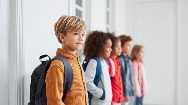 Diverse group of children standing in a row indoors with backpacks and thoughtful expressions.