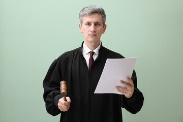 Judge with mallet and document on green background