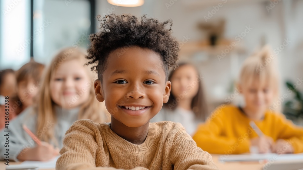 Poster Diverse Group of Happy Children in Classroom Listening and Smiling during Learning.