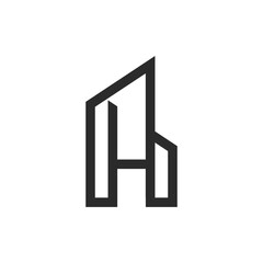 A minimalist line art logo depicting a stylized building or cityscape, subtly forming the letter 