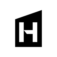A bold, solid black geometric logo resembling a stylized building or trapezoid, with a prominent white negative space "H" within