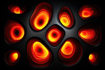 Abstract design featuring recessed, organic shapes filled with vibrant, concentric rings of orange and red.  Dark gray/black background