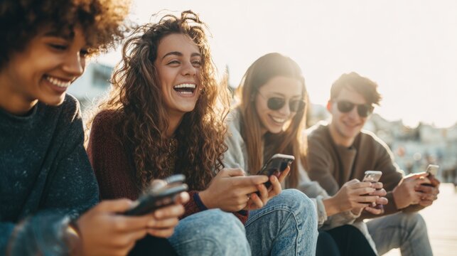 Group of happy young adults using smartphones outdoors during daytime sunlight.