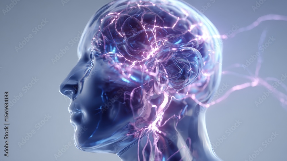 Poster highly detailed futuristic digital illustration of a human head with illuminated brain and neural ne