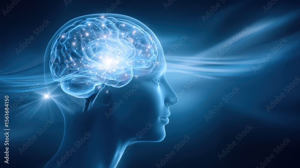 Poster highly detailed digital illustration of a human brain and neural connections in side profile view.