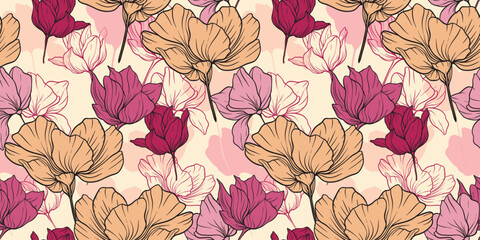 Seamless floral pattern, abstract flower print in romantic vintage style. Elegant botanical design in pink pastel colors hand drawn wild flowers, leaves in abstract composition