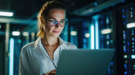 Woman with glasses using laptop in a high tech data center with blue lighting.