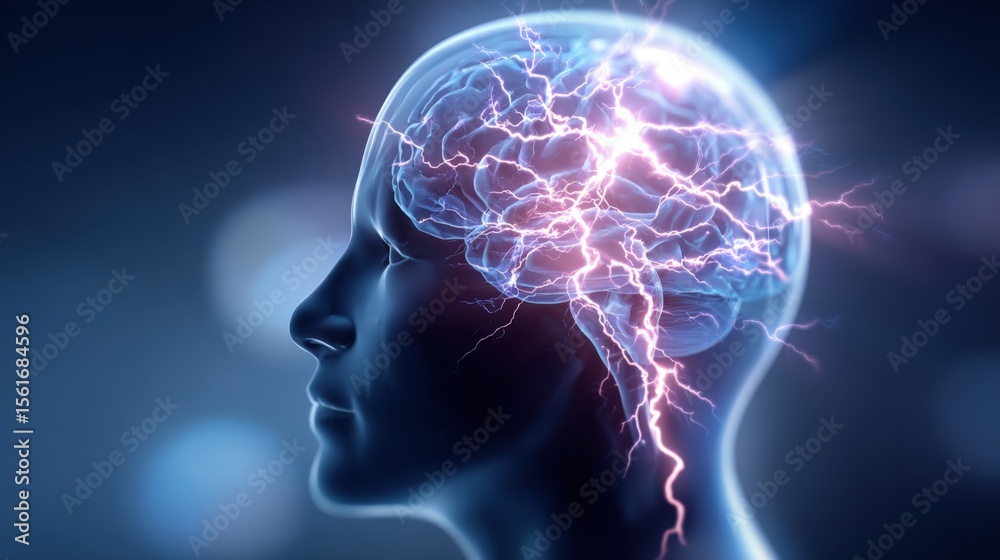 Poster detailed side profile of human head with illuminated brain and vibrant lightning effects.