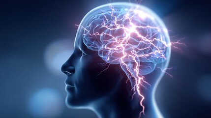 Detailed side profile of human head with illuminated brain and vibrant lightning effects.