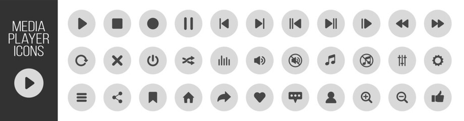 Music and sound icon set, media player icons collection, video player and cinema icons, multimedia interface template, online broadcasting and live stream mockup on transparent background