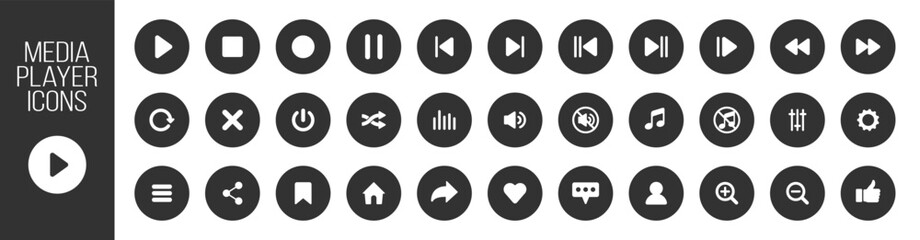 Media player icon set, video and audio interface buttons, multimedia symbols, music and sound control elements, play and pause signs, vector collection on transparent background