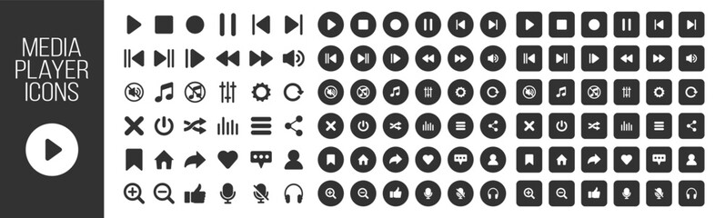 Media player icon set, video and audio interface buttons, multimedia symbols, music and sound control elements, play and pause signs, vector collection on transparent background