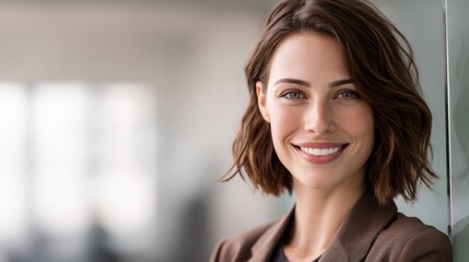 Obraz premium Bright Smiling Woman with Short Wavy Hair Wearing Formal Attire Indoors.