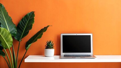 Fototapeta premium Modern Minimalist Home Office Workspace: Laptop, Succulent, Tropical Plant, Orange Wall