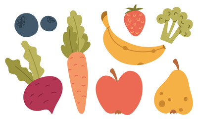 set of fruits, vegetables, and berries for healthy diet. Apple, pear, blueberry, strawberry, banana, carrot, and beetroot. Flat color illustration. for menus, packaging, posters, and dietary nutrition