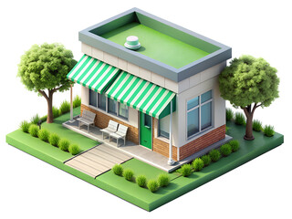 Miniature isometric shop with green striped awning, surrounded by grass and trees, representing small business and local commerce
