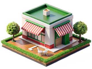 Charming cafe building with a green roof, red and white striped awnings, and outdoor seating, presented in an isometric view, perfect for architectural or hospitality concepts