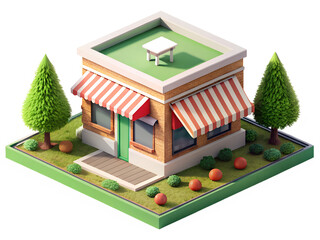 Small isometric building with trees and bushes, striped awning and table on the roof, representing a small business