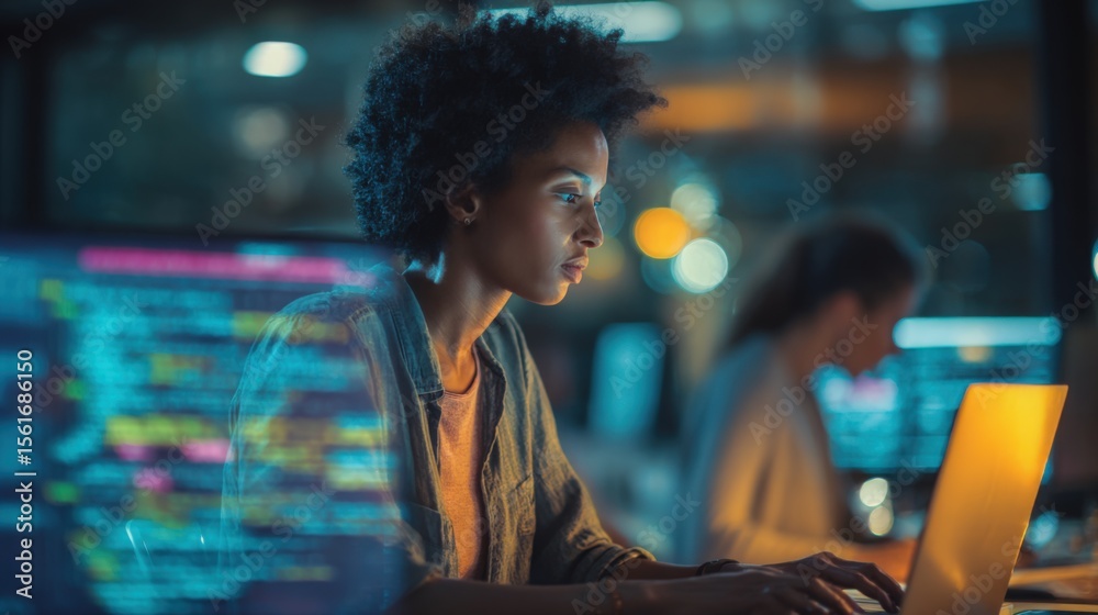 Poster Young Woman Programming Coding Software Development Work in Modern Tech Office.