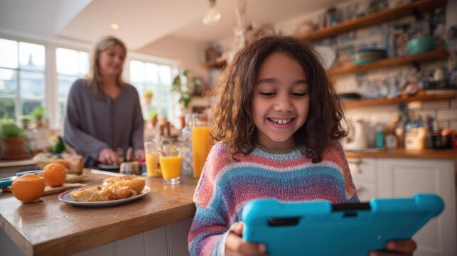 Happy girl using tablet in bright modern kitchen with breakfast and sunlight.