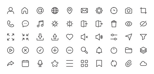User interface icon set. Apps, business, user, mail, home, location, message, time, note, camera, document, tab, phone, eye, address, website, etc. Editable stroke. Vector illustration. Flat design. 