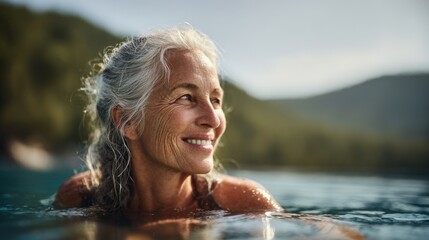 Fototapeta premium Happy elderly woman enjoying swimming in natural outdoor lake with mountains background.