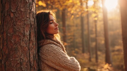 Peaceful woman leaning against tree in autumn forest during golden sunset light.