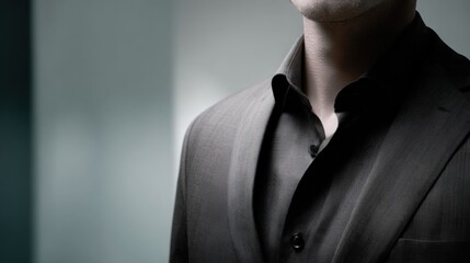 Close-up of a mysterious businessman in a dark suit with a black shirt in dim lighting.