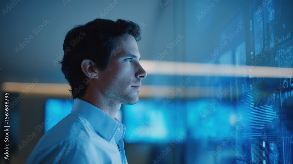 Poster young man analyzing digital data on futuristic transparent screen in modern office.