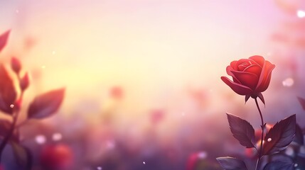 Obraz premium Single Red Rose in Soft Sunrise Meadow