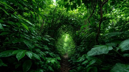 Lush green pathway through dense foliage in tranquil forest