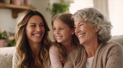 Obraz premium Happy three generation family portrait featuring smiling grandmother mother and daughter indoors.