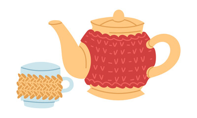 Knitted heating pad, cover for ceramic teapot and mug. Cozy atmosphere, warming. Handmade. Flat color isolated illustration. postcards, packaging design, social media posts, care and comfort themes