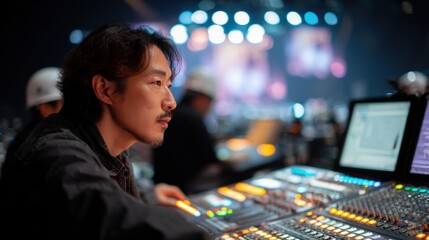 Experienced audio engineer working at mixing console during live concert performance.