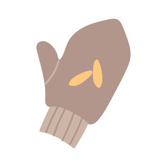 Knitted mitten one. Brown with yellow drawings. Cozy atmosphere. Handmade. Flat color isolated illustration. For postcards, packaging design, social media posts, care and coziness themes