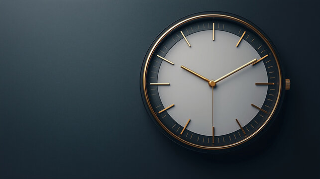  A minimalist, close-up showcases a modern clock with a pristine white face, gracefully suspended against a sleek, dark backdrop. The clock's hands, subtly pointing to a time.