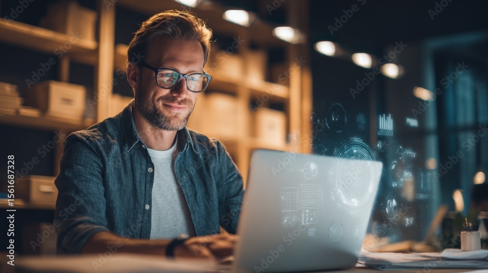 Poster young man working on a futuristic holographic computer interface in a modern office environment.