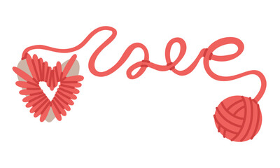 ball of yarn wrapped around a heart with the text love and a ball of yarn. An item for creating pompom. cozy atmosphere. Handmade. flat, colored illustration. For themes love of care and coziness