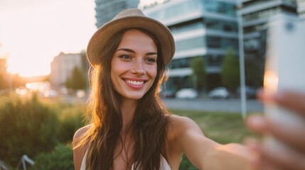 Young cheerful woman taking selfie outdoors in urban setting during sunset with modern buildings and greenery.