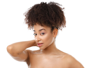 Portrait of beautiful Brazilian woman on white background