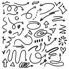 set of doodle arrows. of vector arrows in different directions and various signs. sketch of arrow designs for business plans and education. individual hand-drawn vector arrows on a white background