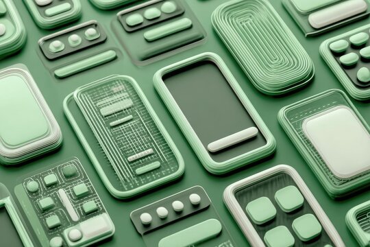 Abstract, 3D-rendered, mint green and white digital interface elements, arranged in a grid pattern - Powered by Adobe