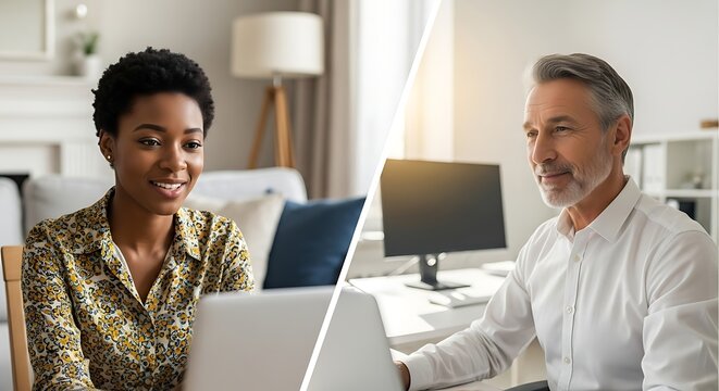 Two people, a woman and a man, are having a video conference call on their laptops.