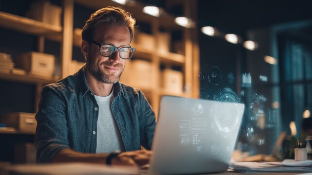 Young man working on a futuristic holographic computer interface in a modern office environment.