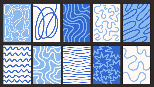 Sea ripples funky groovy water waves vertical background. Blue wallpaper with wavy lines and thin stripes, liquid fluid shaped in flat style