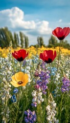 Fototapeta premium Vibrant Wildflower Meadow Under Sunny Sky Showcasing Nature s Elegance with Colorful Blooms