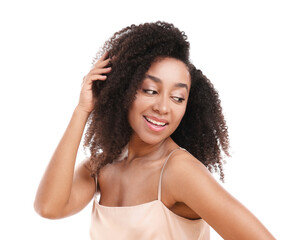 Portrait of beautiful Brazilian woman on white background